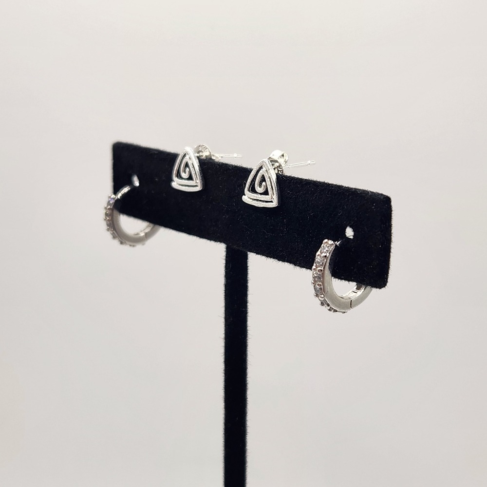 Silver Tone Triangle Swirl Stud Earrings and Crystal Hoop Earrings Set - Picture 2 of 7